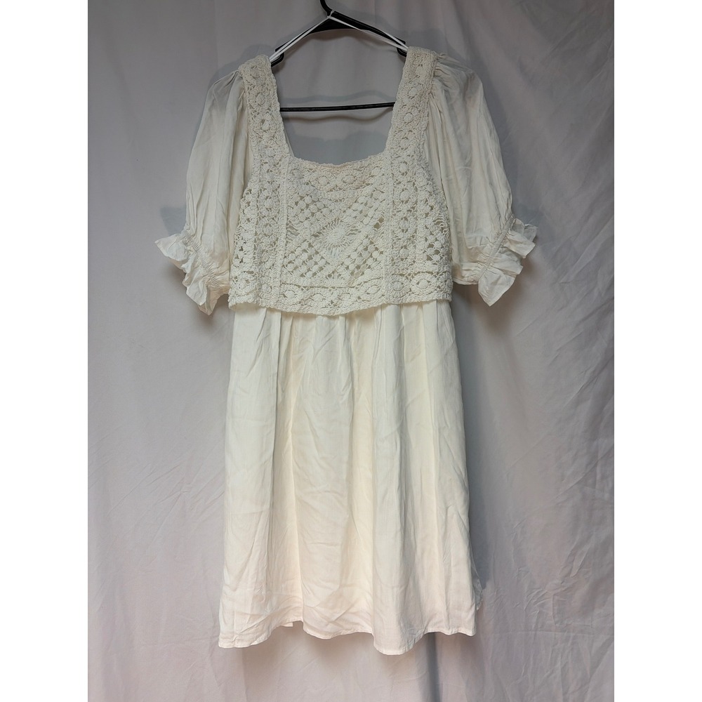 Heyson White Crochet Lace Puff Sleeve Smocked Back Mini Dress Small NWT